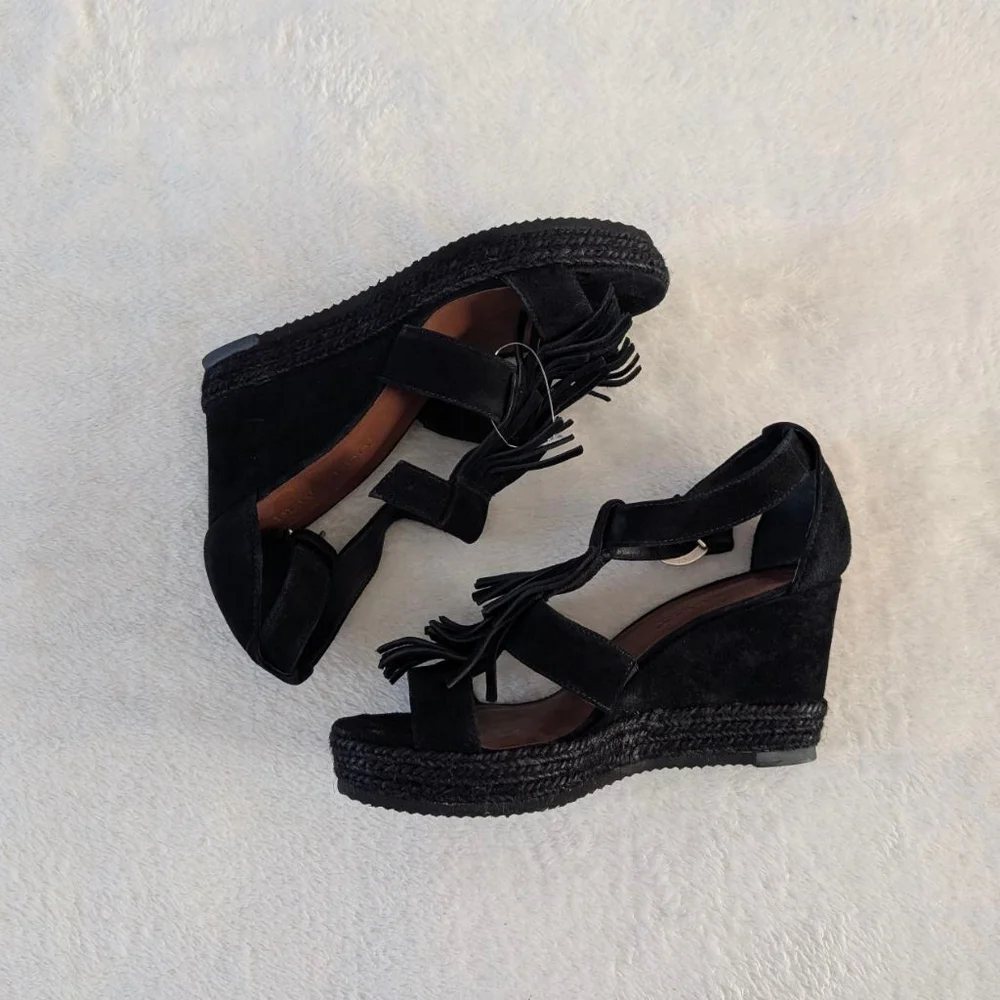 Bernardo Black Suede Fringe Wedge Sandals - 6
